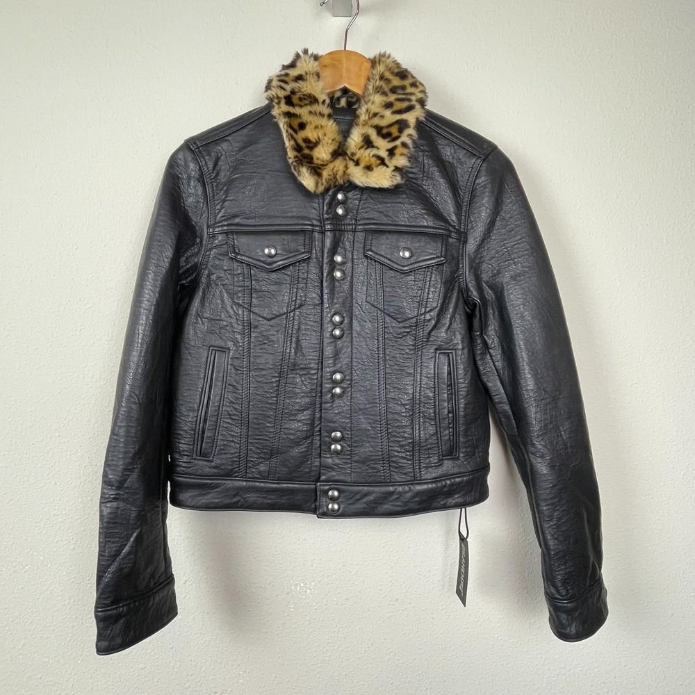 NWT BLANKNYC Faux Leather Moto Bomber Jacket Women's XS Black Fur Collar